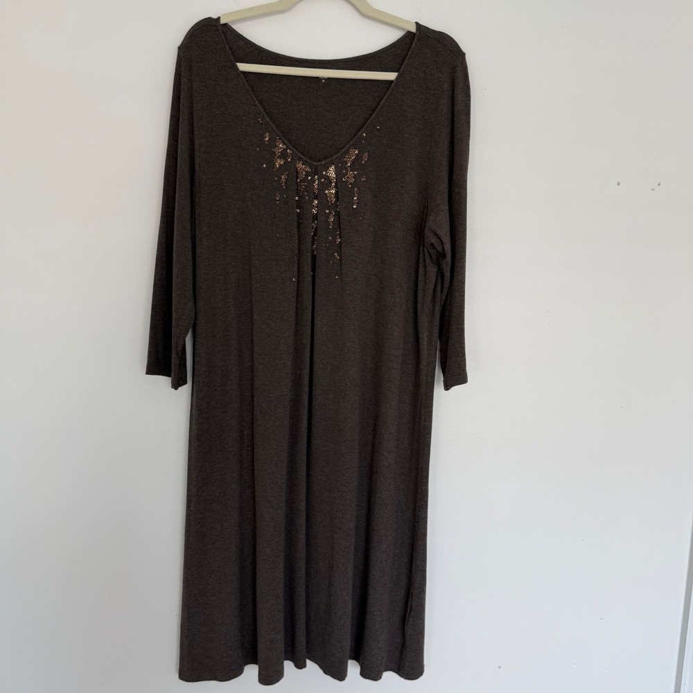 Eileen Fisher Women's‎ Size XL Brown Beaded Sequin Italian Yarn V-Neck Dress
